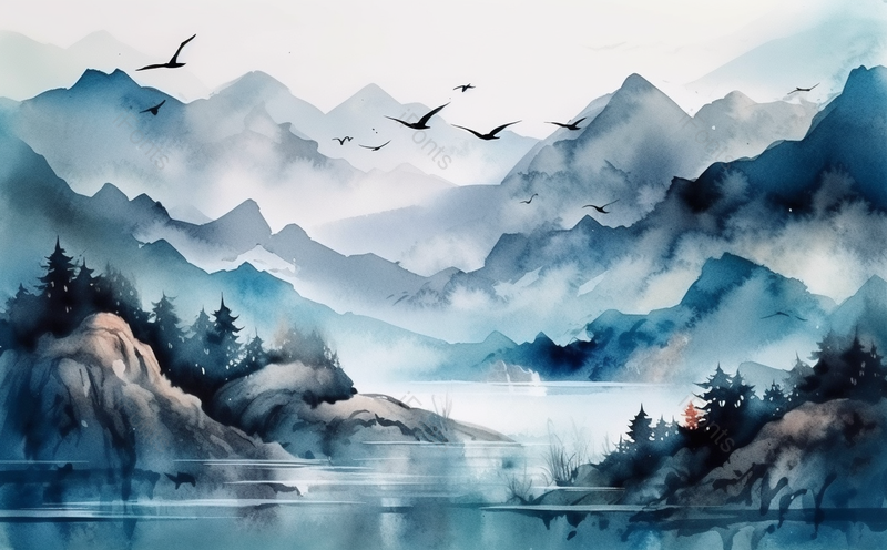 蓝色水墨山水插画自然风景,插画/手绘图,插画/手绘图库,插画/手绘图下载,插画/手绘